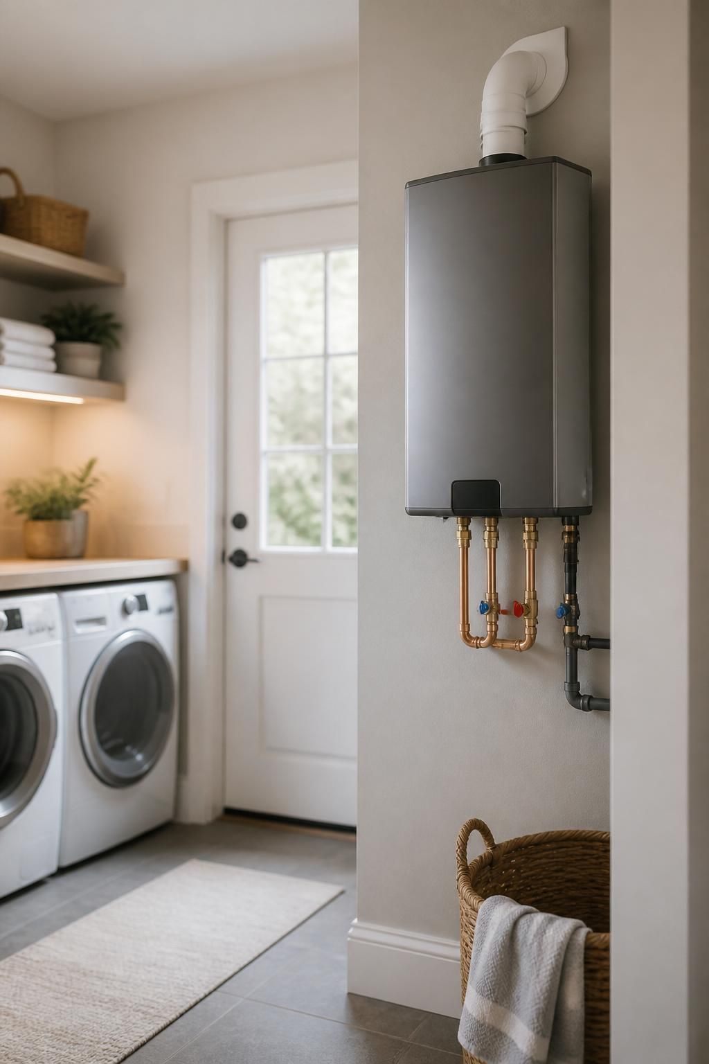 Neat tankless water heater installation in a clean utility room