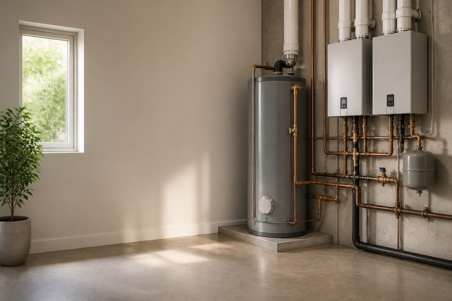 Clean finished water heater service area with open space for text